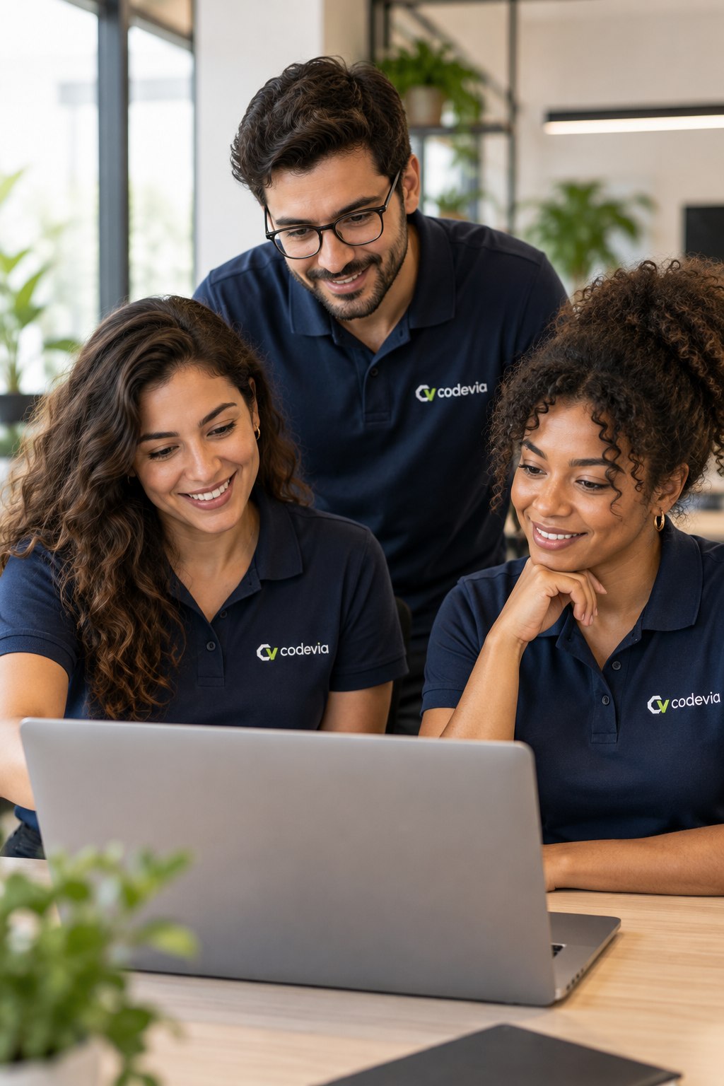 Imagem ilustrativa: três profissionais colaborando em um notebook, com uniformes e a logo da Codevia.